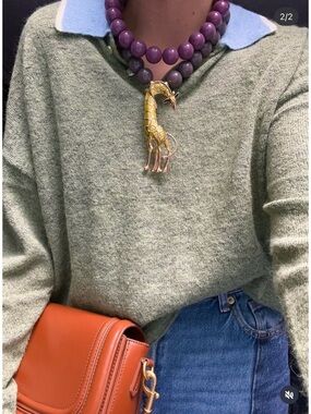 Lavender & Gray Beaded Necklace with Green Giraffe Pendant